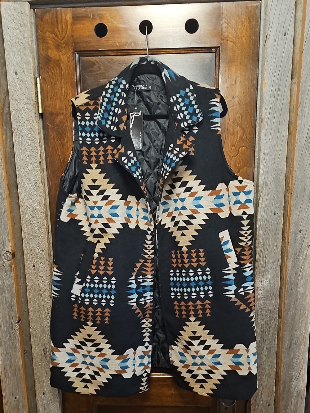 Lucky & Blessed Black Aztec Quilted Vest with Blue & Tan Accents